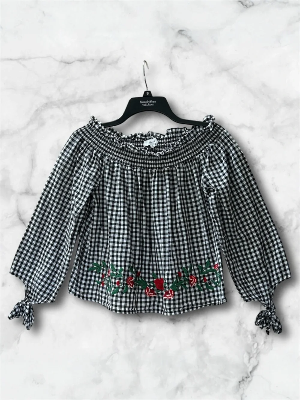 Miss Lili Boho Black White Gingham Off Shoulder Embroidered Peasant Blouse Sz L - Picture 2 of 9